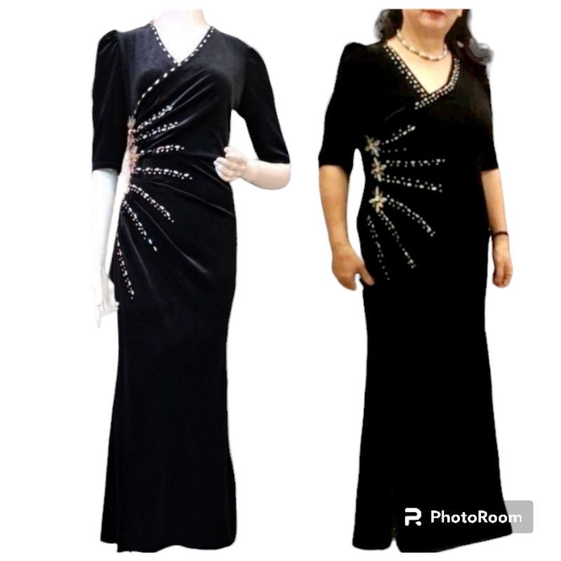 Đầm dạ hội trung niên dự tiệc vải nhung kết cườm sang trọng cao cấp, Đầm dự tiệc trung niên dạ hội nhung kết cườm đá