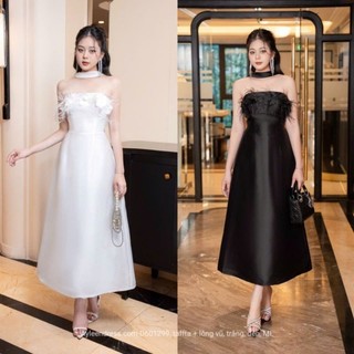 Đầm xoè cúp ngực đính lông vũ choàng cổ