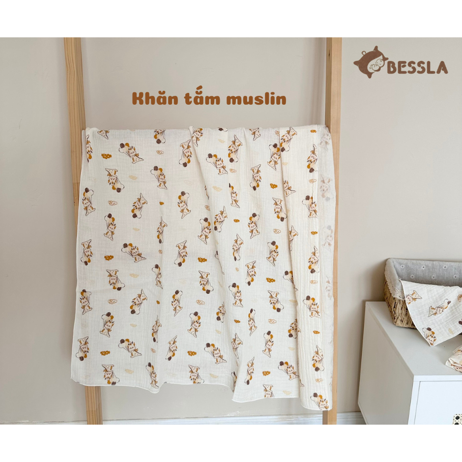Khăn Tắm Muslin Họa Tiết - 2 lớp Cho Bé Cao Cấp Mềm Mại Nhẹ Thoáng Khí Thấm Hút Tốt Không Bị Xù An Toàn