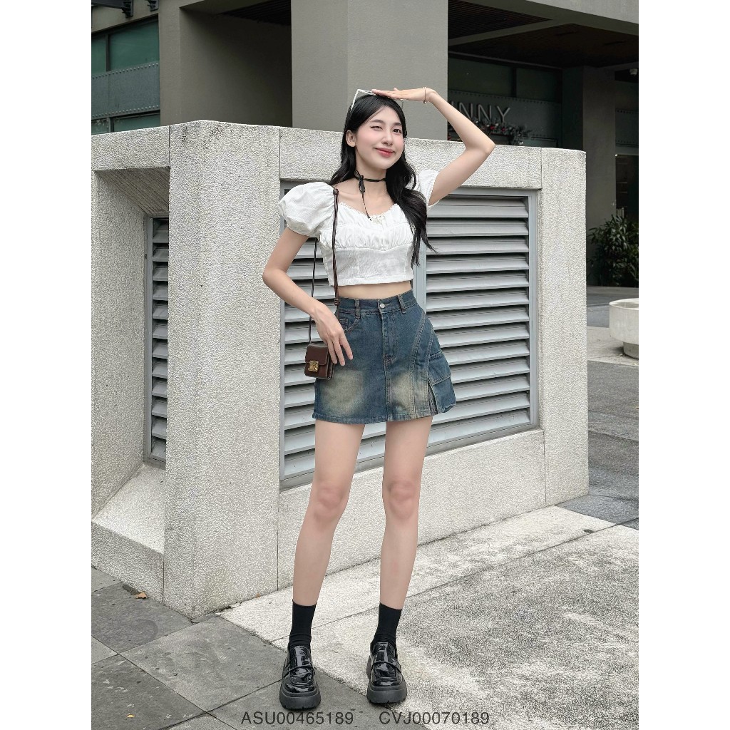 Chân váy jean ngắn VM Shop cạp cao thiết kế túi hộp bên kiểu thời trang 29 CVJ00070