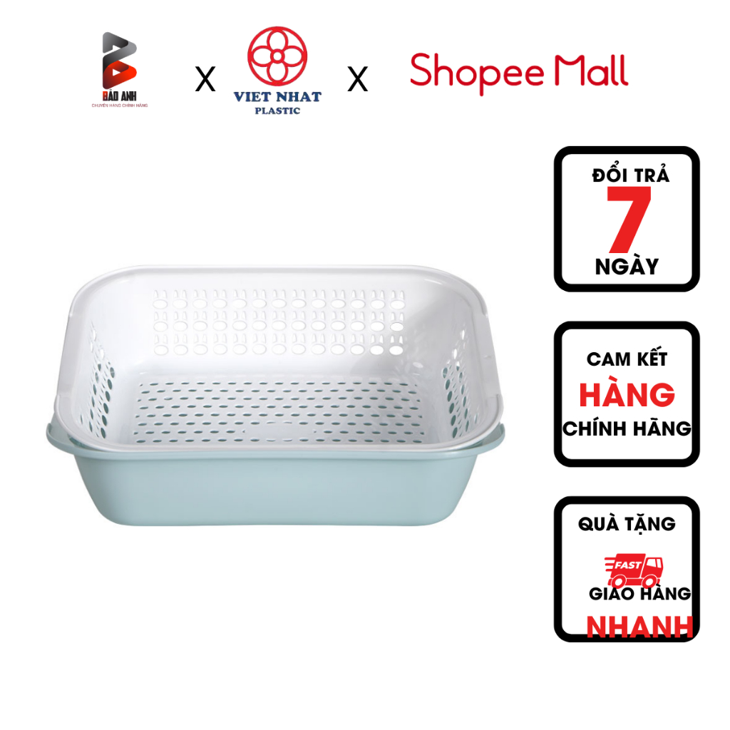 Rổ nhựa chữ nhật 2 lớp (3266) Việt Nhật đựng rau củ quả, Rổ úp cốc chén