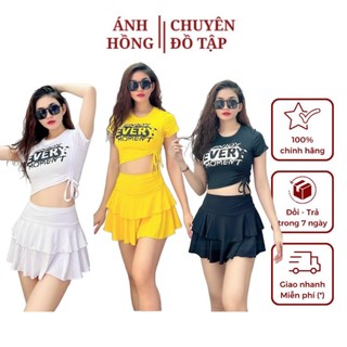 Bộ tập gym yoga aerobic nữ, bộ áo rút sườn + chân váy 2 tầng, bộ tập thể thao nữ( Áo rút sườn + chân váy 2 tầng)