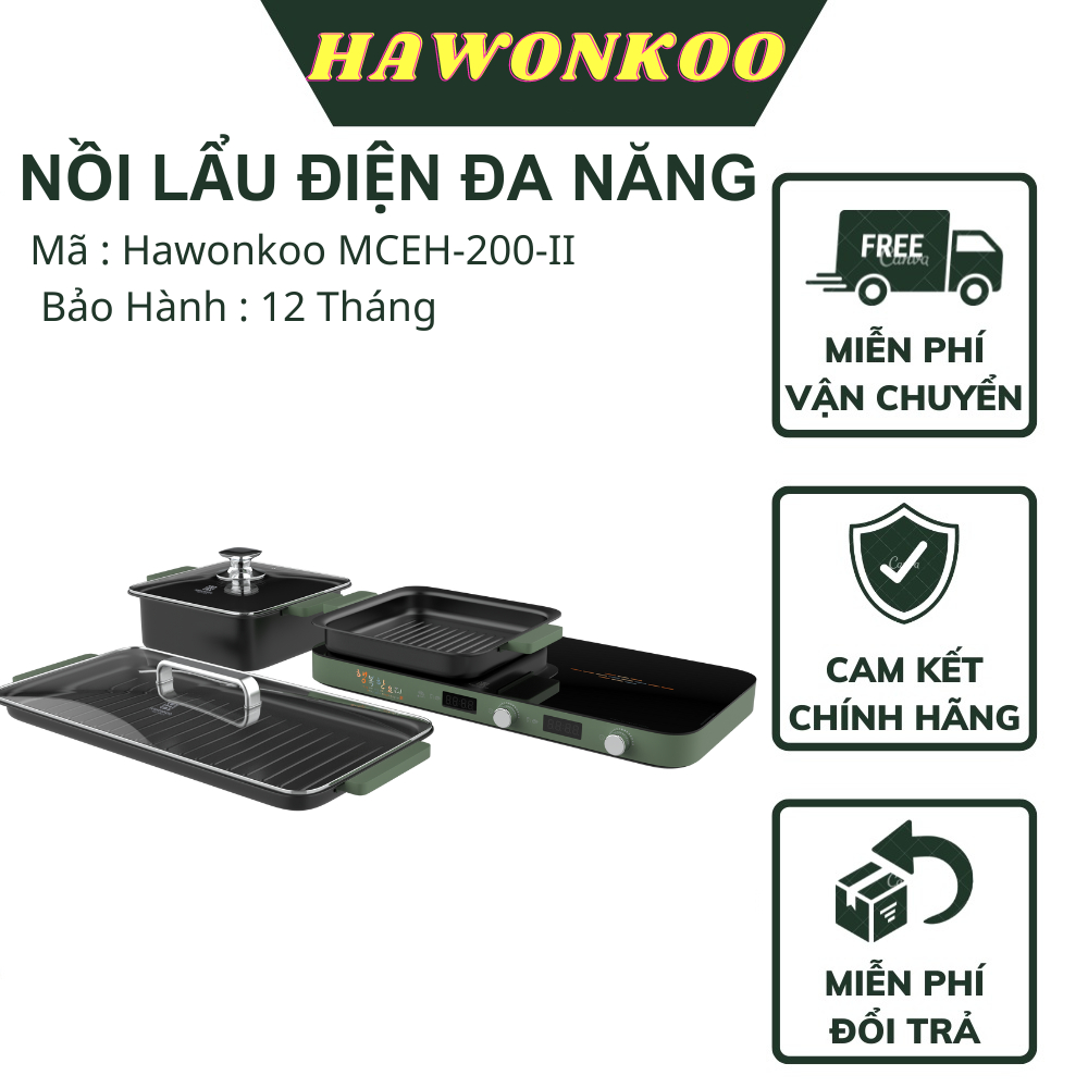 Bếp Từ Đôi Kết Hợp Lẩu Nướng Đa Năng Hawonkoo MCEH-200-II Thông Minh Chống Dính Tiện Ích Chính Hãng