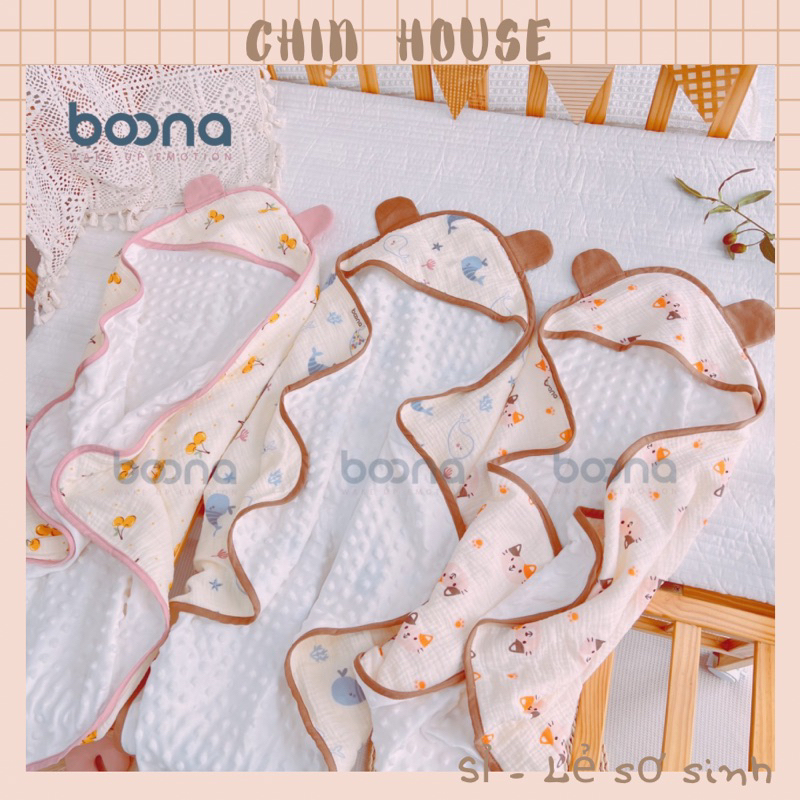 CHĂN Ủ CHOÀNG XÔ MUSLIN BOONA KÈM LỚP NHUNG HẠT MỤN SIÊU MỀM MỊN , THOÁNG KHÍ CHO BÉ SƠ SINH