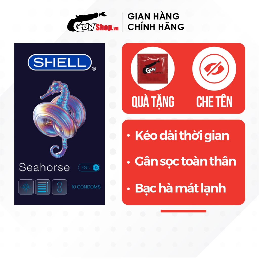Bao cao su Shell Seahorse gân sọc, kéo dài thời gian hộp 10 cái | GUNSHOP VIỆT NAM