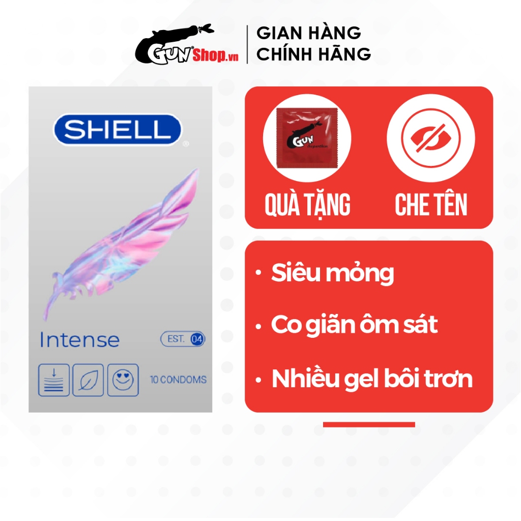 Bao cao su Shell Intense siêu mỏng 0.04mm, ôm sát hộp 10 cái | GUNSHOP VIỆT NAM