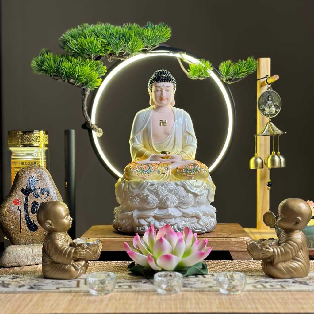Bộ Tượng Tam Thánh Sơn Bóng Màu Vàng - Trắng, Cao 30cm, Làm Từ Bộ Đá Cao Cấp  - Tuệ Nga