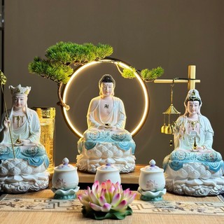  Bộ Tượng Tam Thánh Sơn Bóng Màu Xanh - Trắng Cao 30cm Làm Từ Bộ Đá Cao Cấp  - Tuệ Nga 