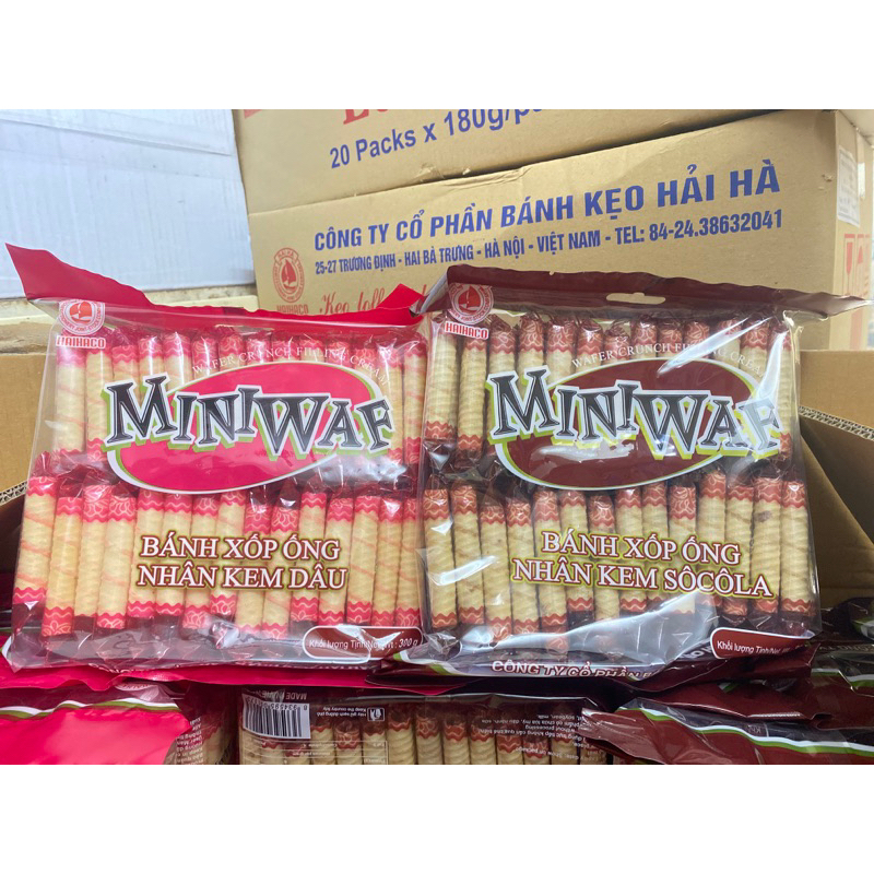 Bánh Xốp Ống MINIWAF Nhân Kem Dâu/Cốm/Socola Hải Hà Bịch 300g