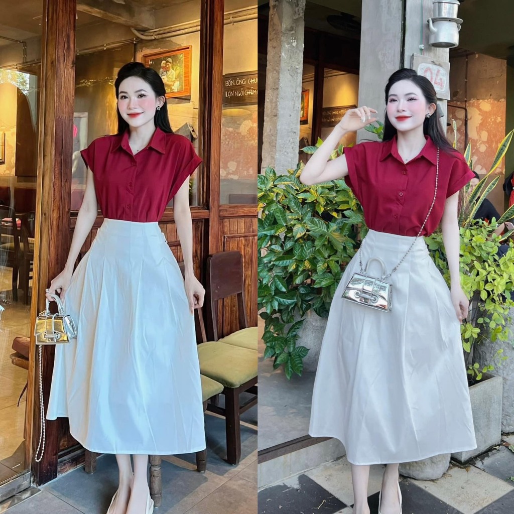 Set bộ đồ nữ công sở áo sơ mi cánh tiên ngắn tay mix chân váy xếp ly xòe dài với tone màu phối sáng da, xinh xắn