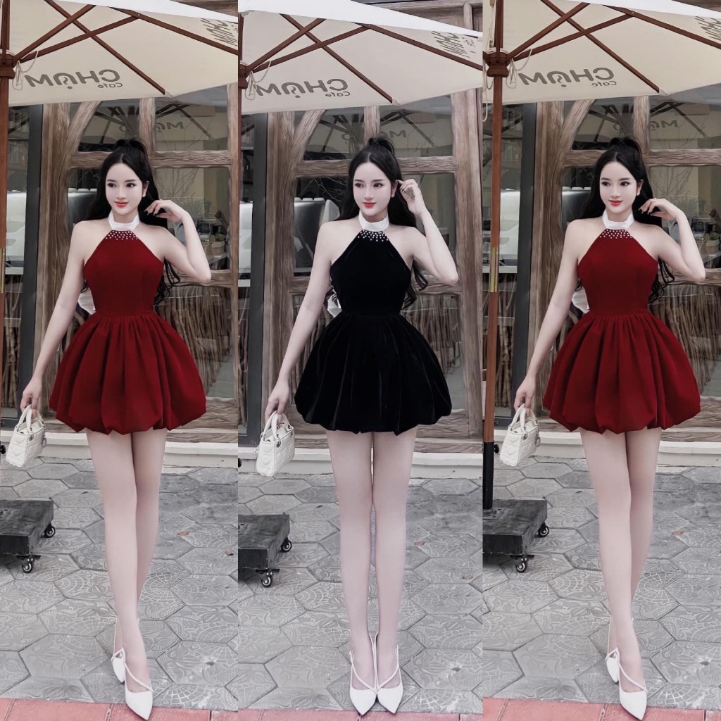 Đầm váy nữ cổ yếm đính cườm xòe kết nơ lưng cute, sang chảnh cho các nàng diện đi chơi, dự tiệc