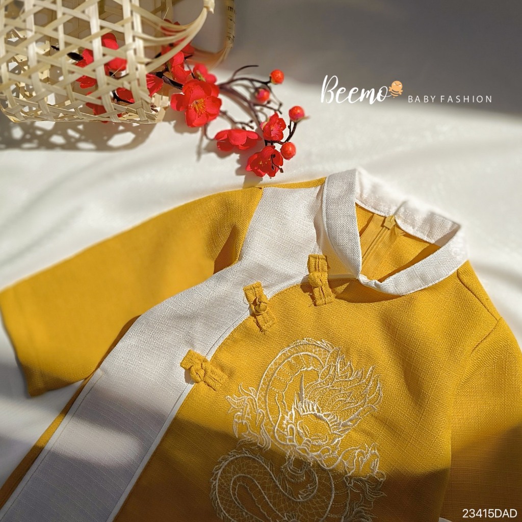 Áo dài cách tân Beemo  cho bé trai thêu Rồng phối khánh vải text mặc sự kiện, tết, chụp hình 23415DAD