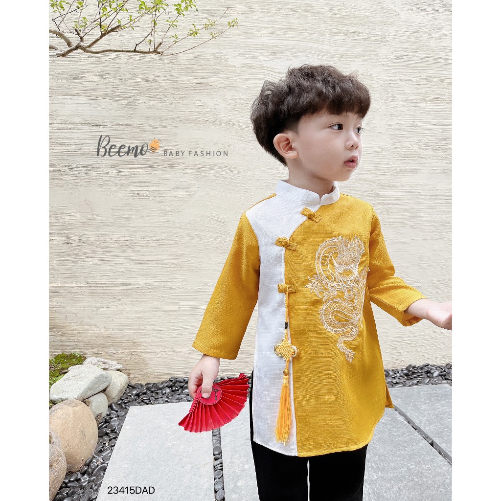 Áo dài cách tân Beemo  cho bé trai thêu Rồng phối khánh vải text mặc sự kiện, tết, chụp hình 23415DAD