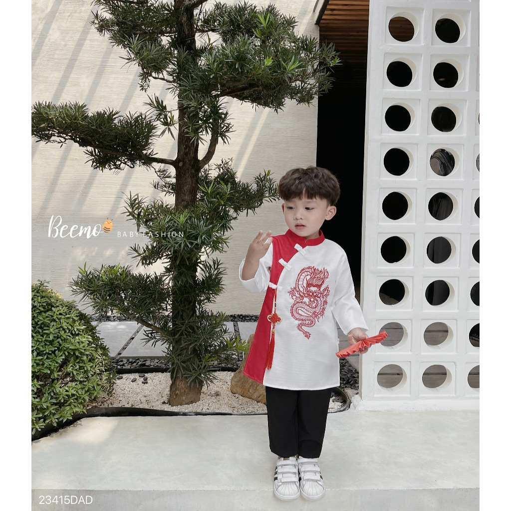 Áo dài cách tân Beemo  cho bé trai thêu Rồng phối khánh vải text mặc sự kiện, tết, chụp hình 23415DAD