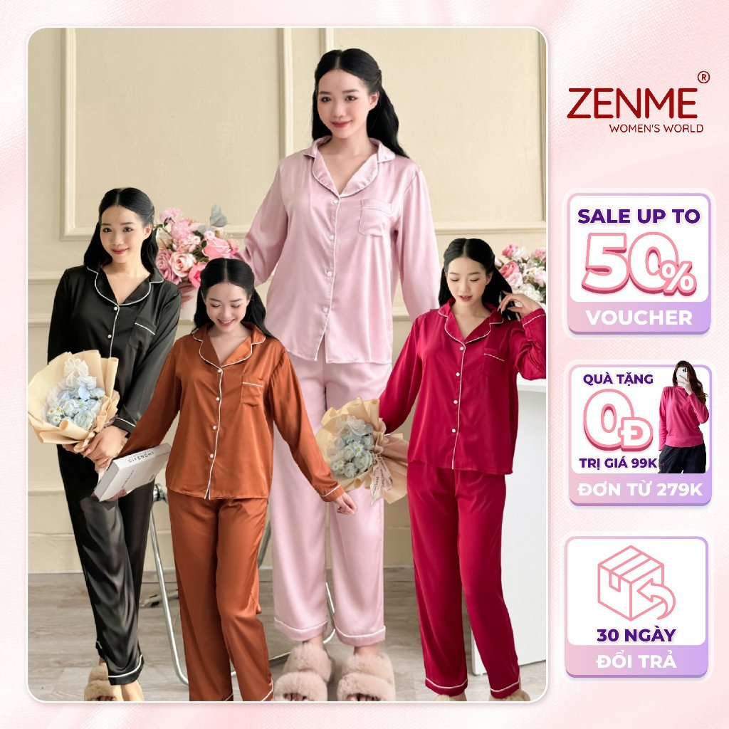 Đồ bộ ngủ nữ thu đông pijama tay dài quần dài lụa latin Việt Nam cao cấp Zen Me Women’s World  PJDD1123