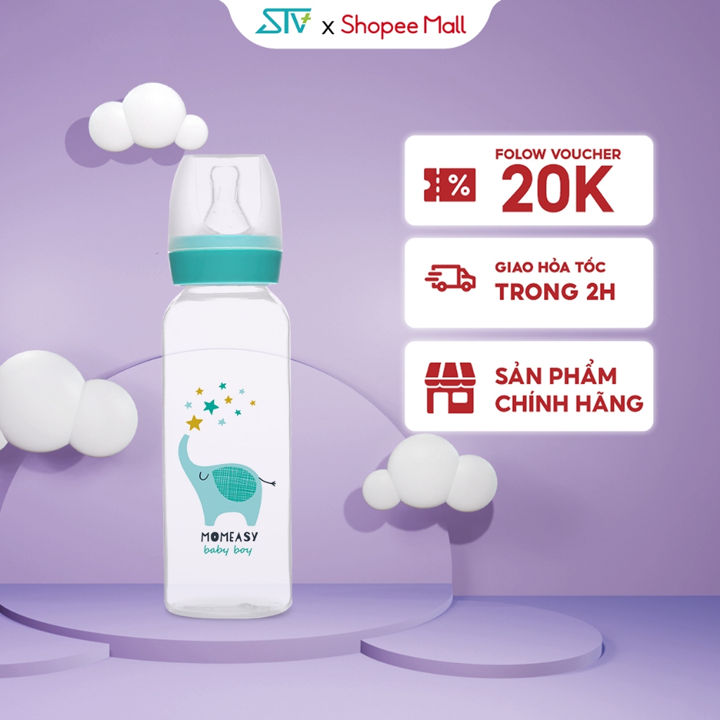 Bình Sữa Cổ Hẹp Momeasy 240ml Họa Tiết Con Vật Đáng Yêu Cho Bé 44612