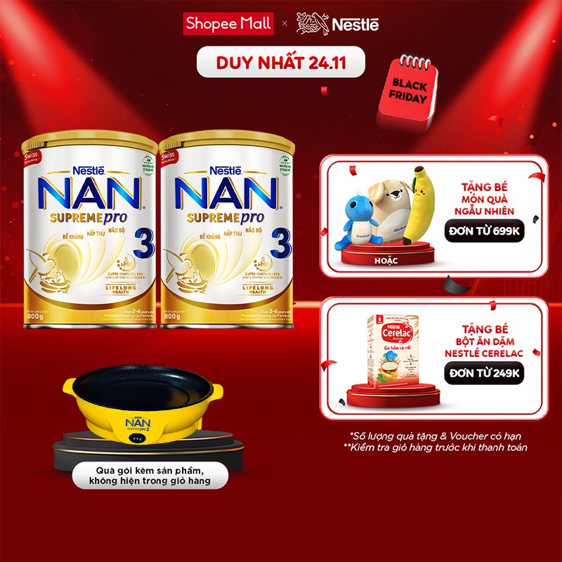 Bộ 2 Lon Sữa Bột Nestlé NAN SupremePro 3 với 5HMO 800g/lon - SP nhập khẩu từ Đức Tặng chảo nướng điện đa năng