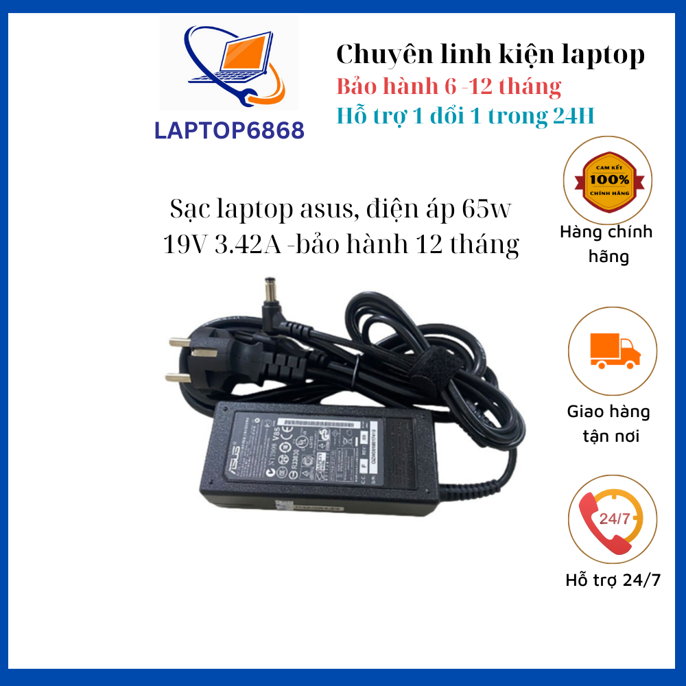 Sạc laptop asus 65w 19V 3.42A dùng cho D550CA F502CA K501UW K53E K55 U50A F555LA TP550LA, sạc đầu lớn New 100%