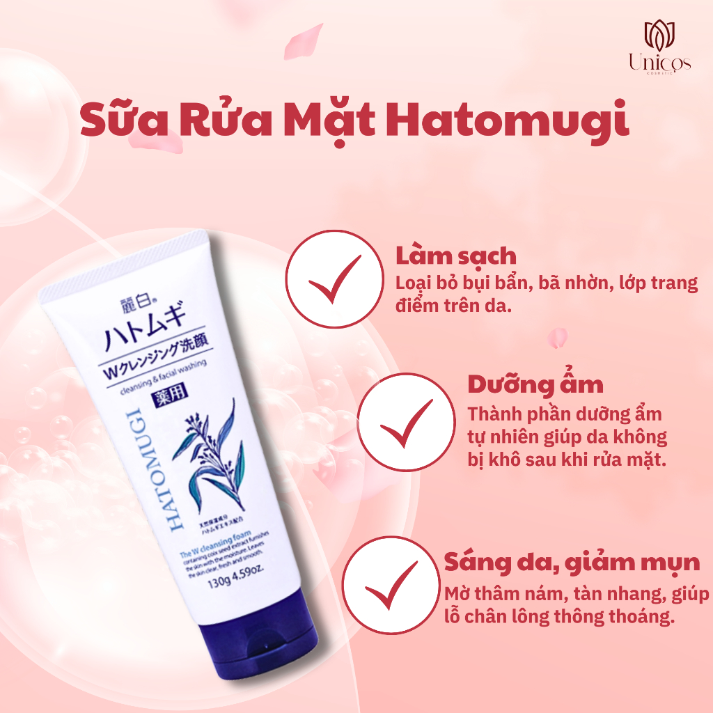 Sữa Rửa Mặt Tẩy Trang Hatomugi Cleansing & Facial Washing Lành Tính - Sữa Rửa Mặt Sáng Mịn Da - Sữa Rửa Mặt Ý Dĩ 130g