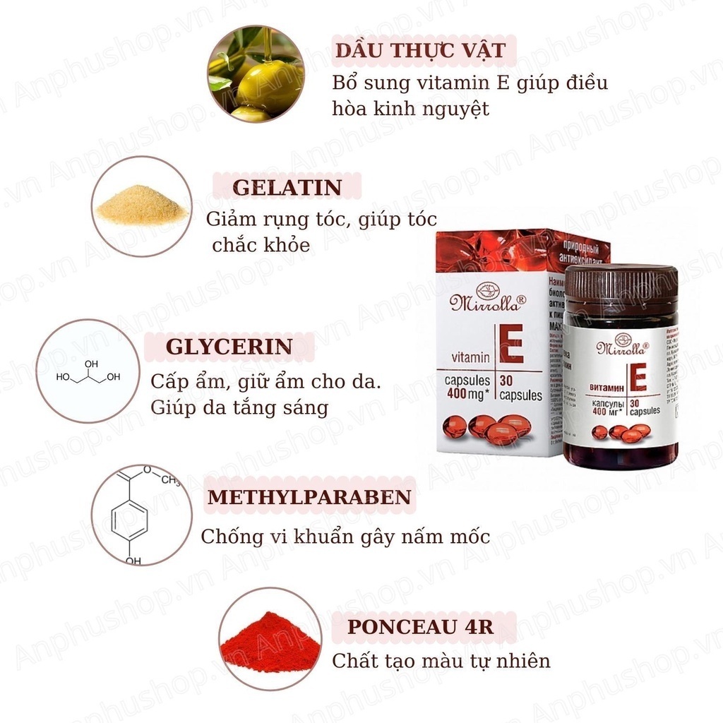 Viên uống Vitamin E đỏ Nga 400mg Mirrolla Làm đẹp trắng da chống lão hóa 30 viên