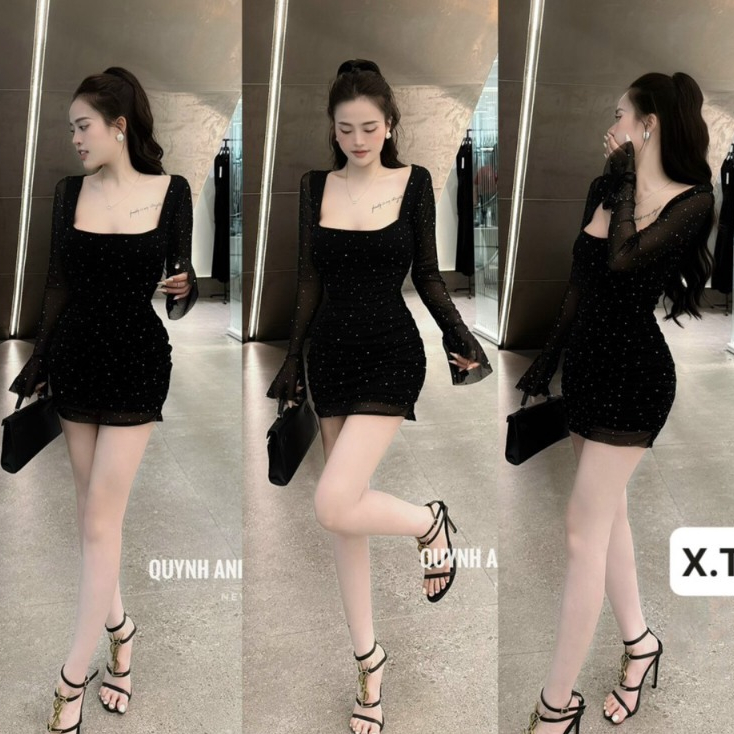 Đầm Body Nhũ Cổ Vuông Tay Dài Loe Dáng Ngắn Đính Đá Lấp Lánh Thiết kế Ôm Body Tone Đen Sang Chảnh Hot Hit Đi Chơi