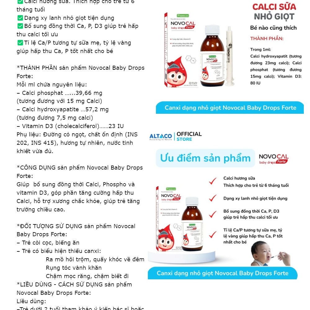 Novocal Baby Drops Forte cung cấp Calci và Vitamin D hỗ trợ xương, răng phát triển tăng chiều cao.