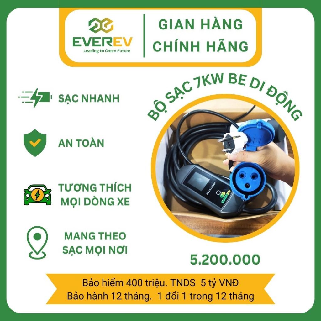 Combo bộ sạc 7kW di động BE EverEV và vật tư lắp đặt, sạc nhanh cho xe ô tô điện Vinfast