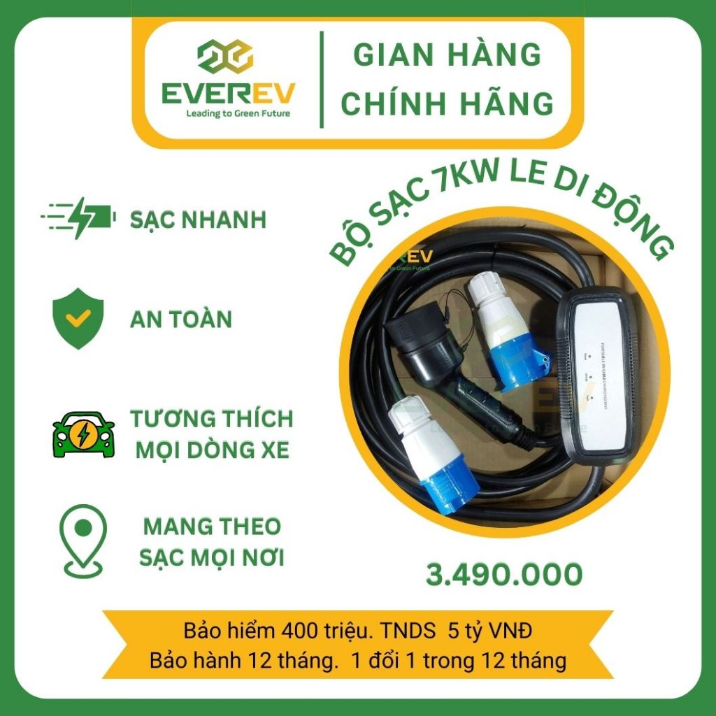 Combo bộ sạc 7kW di động LE EverEV và vật tư lắp đặt, sạc nhanh cho xe ô tô điện Vinfast