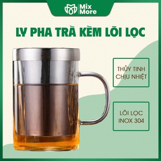 Ly lọc trà thủy tinh lõi lọc Inox 304 an toàn, cốc lọc trà 500ml chịu nhiệt, có nắp đậy tiện lợi Mixmore