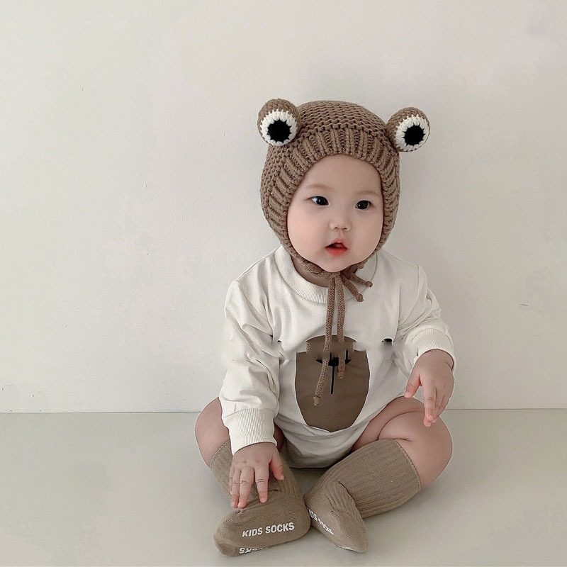 Mũ len , nón len mắt ếch buộc dây  mềm mại ấm áp cho bé yêu