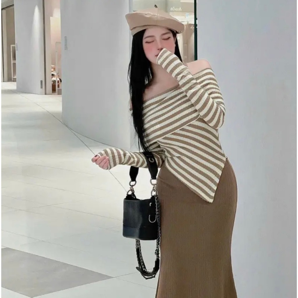 SET Áo len kẻ trễ vai dài tay vạt chéo mix chân váy đuôi cá dài tiểu thư xinh xắn