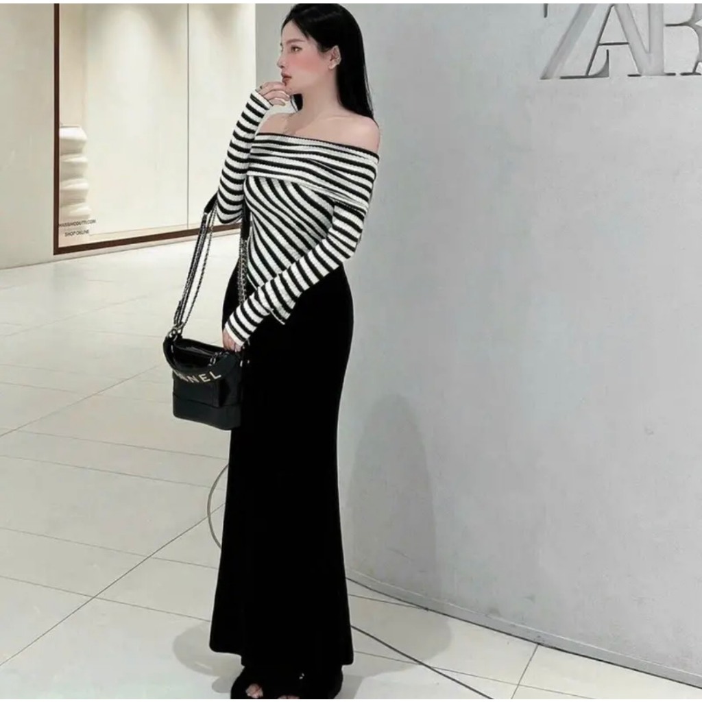 SET Áo len kẻ trễ vai dài tay vạt chéo mix chân váy đuôi cá dài tiểu thư xinh xắn