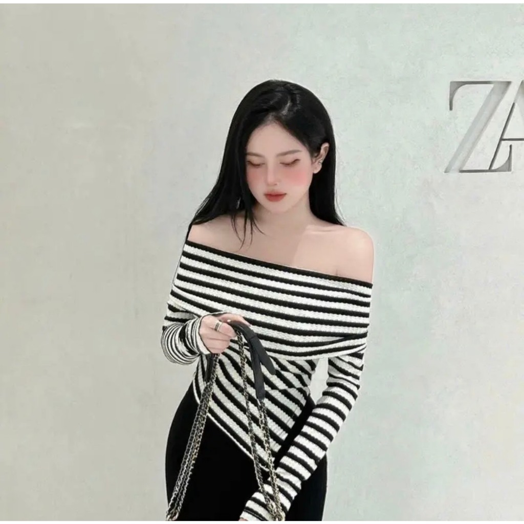 SET Áo len kẻ trễ vai dài tay vạt chéo mix chân váy đuôi cá dài tiểu thư xinh xắn