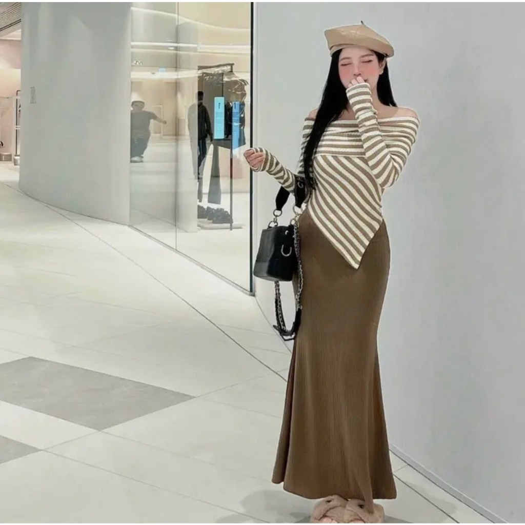 SET Áo len kẻ trễ vai dài tay vạt chéo mix chân váy đuôi cá dài tiểu thư xinh xắn