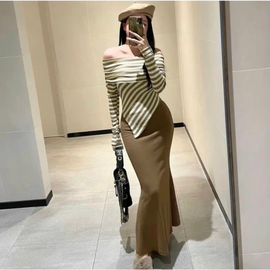 SET Áo len kẻ trễ vai dài tay vạt chéo mix chân váy đuôi cá dài tiểu thư xinh xắn