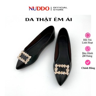 Giày Búp Bê Nữ Đế Bệt Mũi Nhọn Da Thật Cao Cấp, Guốc Đế Bằng Phối Nơ Đá Da Mềm NUDDO - NN220D