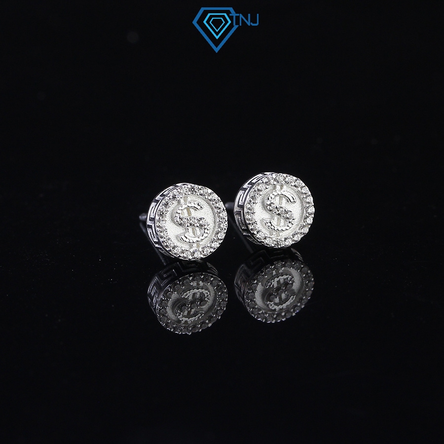 Bông tai bạc nam đính đá mặt đồng tiền đô sang trọng bản 8mm, phong cách cá tính BTA0097 - Trang Sức TNJ