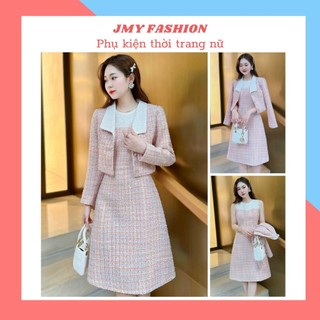 S217 Set váy dạ hồng tiểu thư [TH Hà Thanh] váy dạ tweed cổ tròn kèm áo khoác blazer tay dài nữ tính