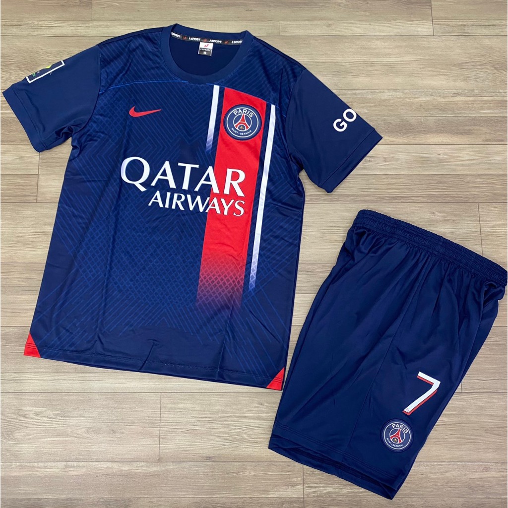 Bộ quần áo bóng đá PSG xanh in tên Mbappe số 7 sân nhà 2024