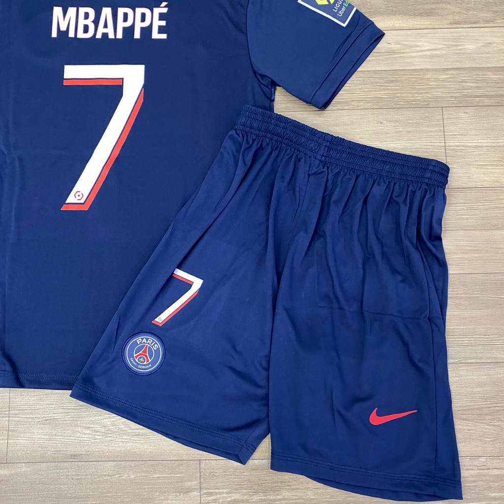 Bộ quần áo bóng đá PSG xanh in tên Mbappe số 7 sân nhà 2024