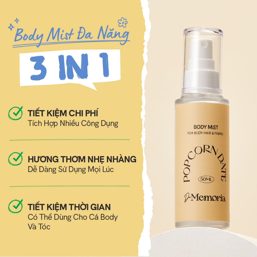 (Qùa tặng không bán) Body Mist Không Cồn De Memoria Minisize 10ml - Popcorn Date #03 BST Cảm Xúc Chân Thật