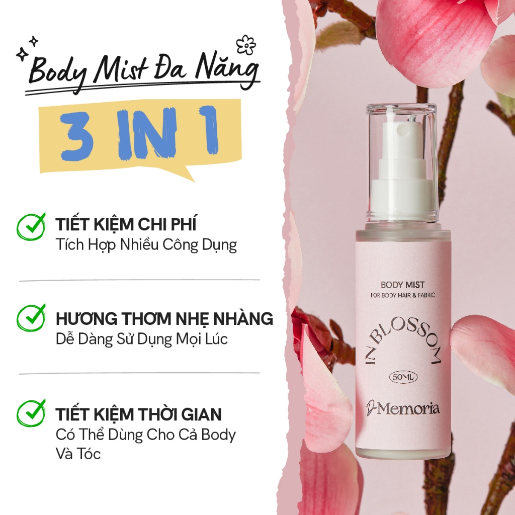 Body Mist Xịt Thơm Cơ Thể Không Cồn De Memoria Hương Hoa Anh Đào Đáng Yêu (50ml) - In Blossom #02 BST Cảm Xúc ChânThật