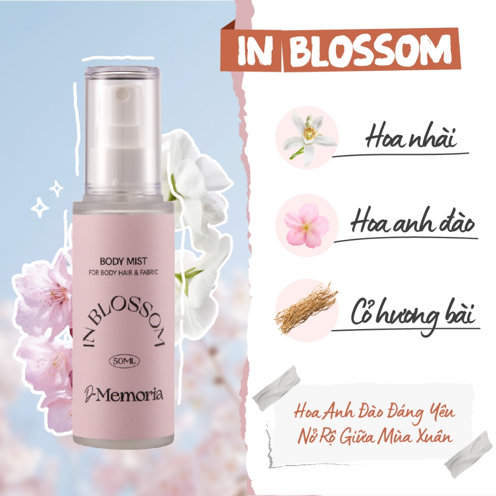 Body Mist Xịt Thơm Cơ Thể Không Cồn De Memoria Hương Hoa Anh Đào Đáng Yêu (50ml) - In Blossom #02 BST Cảm Xúc ChânThật