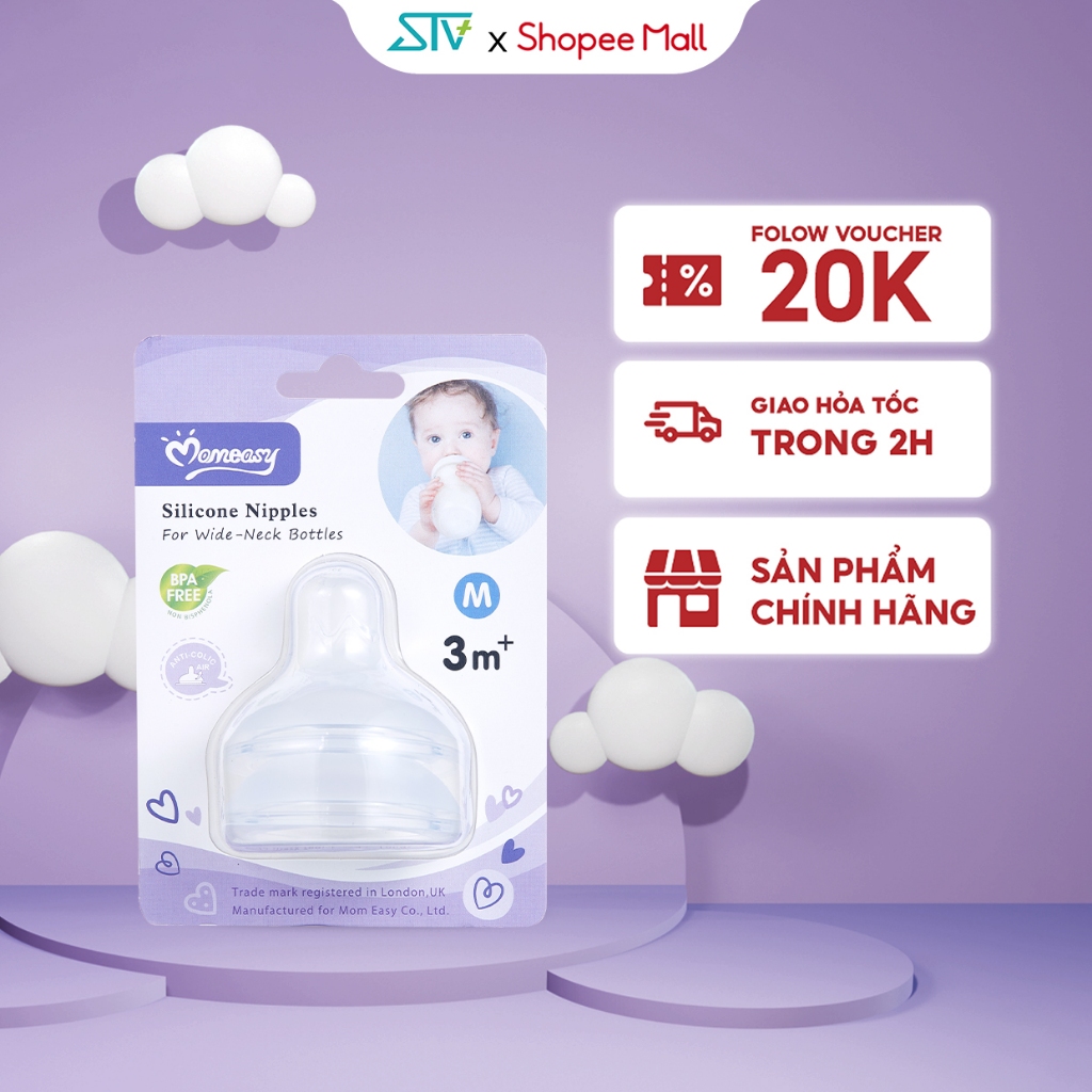 Set 2 Núm Ti Bình Sữa Cổ Rộng Momeasy Silicone Mềm Size S M L Cho Bé