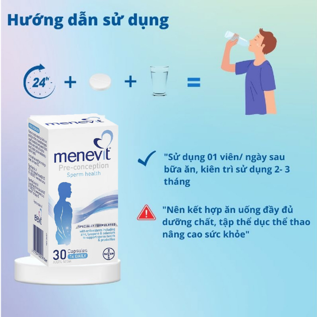 Combo hỗ trợ sinh sản tăng khả năng có con Elevit Menevit chăm sóc sức khỏe vợ chồng Bayer 90 viên