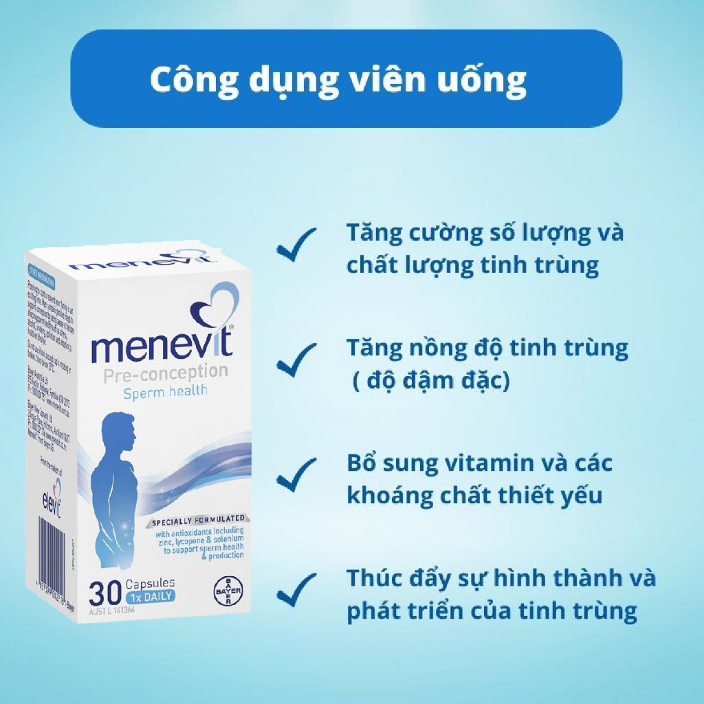 Combo hỗ trợ sinh sản tăng khả năng có con Elevit Menevit chăm sóc sức khỏe vợ chồng Bayer 90 viên