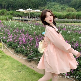 Váy be babydoll suông a dài tay bồng dáng ngắn phối cổ dây buộc nơ đen Amore Mio dress Mayberoom