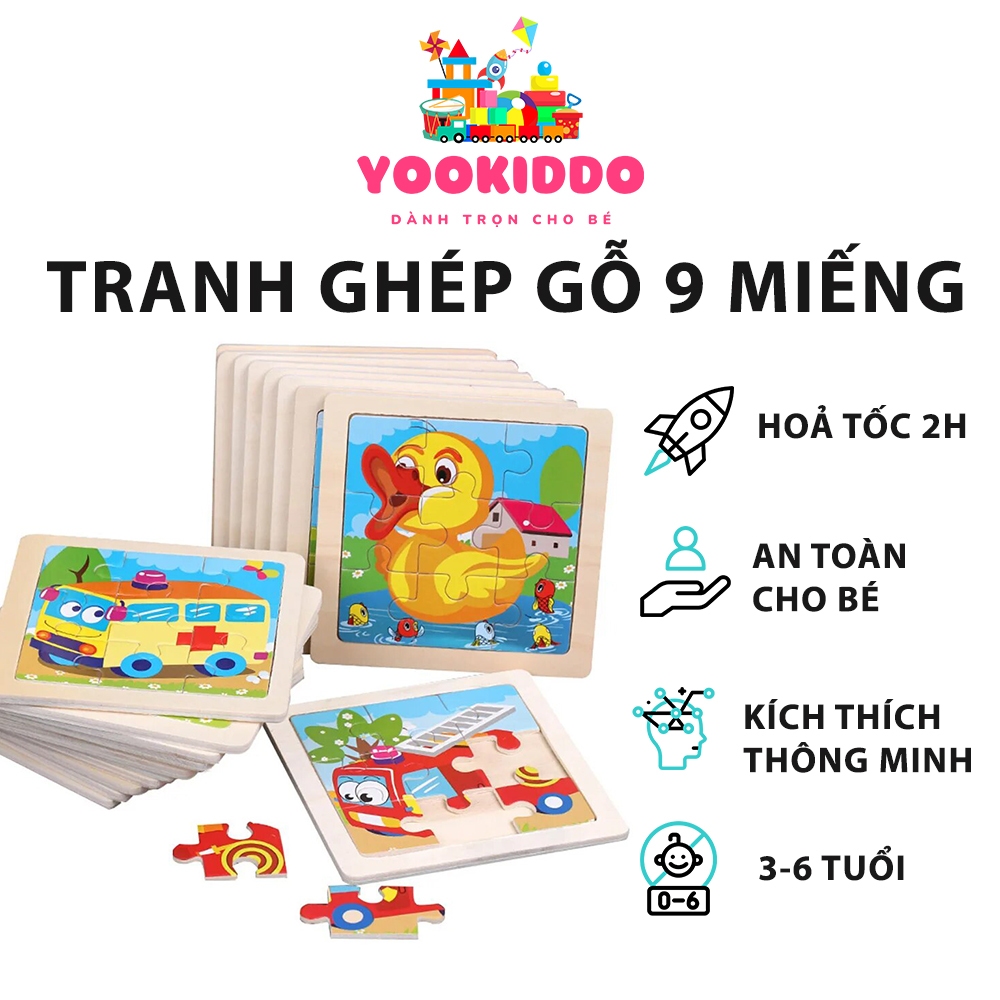 Tranh Ghép Hình, Xếp Hình Gỗ 9 Mảnh Nhiều Chủ Đề YOOKIDDO - Puzzle Giúp Bé Kích Thích Sáng Tạo, cho bé từ 3-6 tuổi