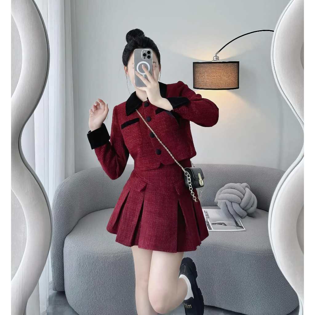 Váy Đi Chơi Set Dạ Thu Đông Sang Chảnh Thiết Kế Dáng Ngắn Chất Tweed Màu Đỏ Đô Phối Cổ Sơ Mi Đen HÀ LINH STORE