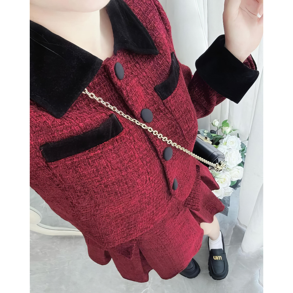 Váy Đi Chơi Set Dạ Thu Đông Sang Chảnh Thiết Kế Dáng Ngắn Chất Tweed Màu Đỏ Đô Phối Cổ Sơ Mi Đen HÀ LINH STORE